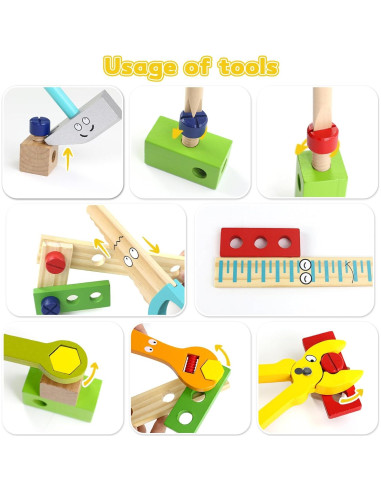 Juego de Herramientas de Madera TONZE para Niños 34 Piezas