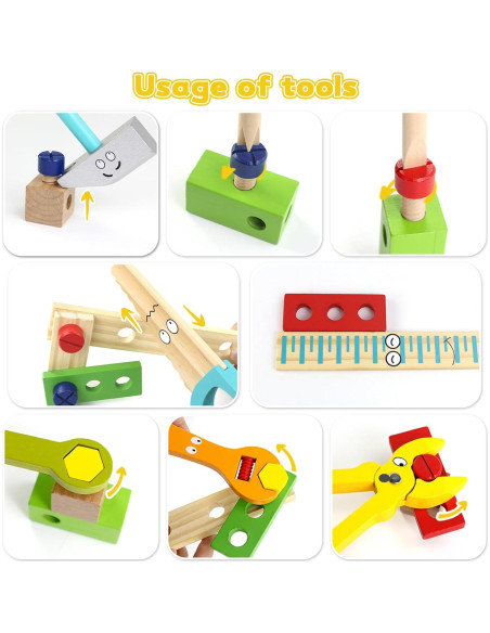 Juego de Herramientas de Madera TONZE para Niños 34 Piezas