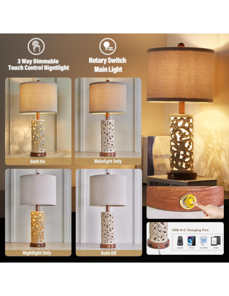 Lámpara de Mesa Táctil OYEARS Dimmable 22'' con USB A+C