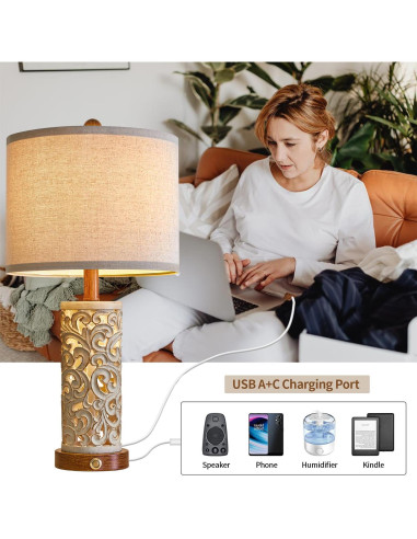 Lámpara de Mesa Táctil OYEARS Dimmable 22'' con USB A+C