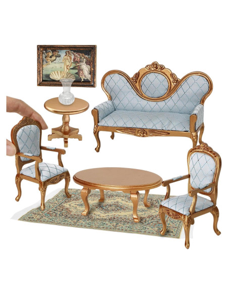 Conjunto de Muebles para Casa de Muñecas iLAND 8 Piezas Oro y Azul