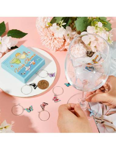 Marcadores de Copas de Vino SUNNYCLUE 12 Pcs Mariposa Plateada