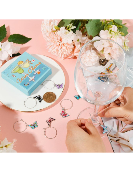 Marcadores de Copas de Vino SUNNYCLUE 12 Pcs Mariposa Plateada