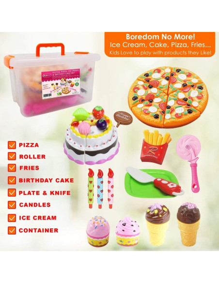 Conjunto de Comida de Juguete FUNERICA con Caja - Pizza, Helado, Pastel