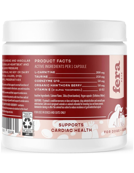 Suplemento Cardíaco Fera Pets para Perros y Gatos - 60 Cápsulas - Taurina, CoQ10, Baya de Espino
