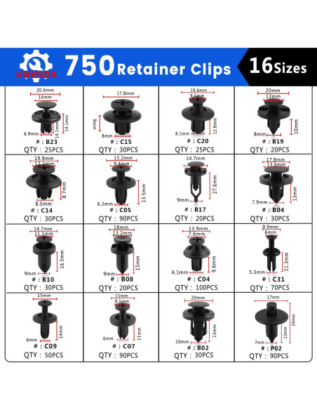 Kit de Clips de Retención Automotriz UNENDA 750pcs Nylon