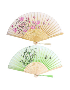 Abanicos de Mano de Seda Bantoye 2 Piezas Floral Marrón Verde
