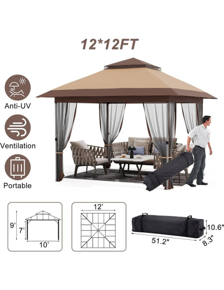 Gazebo Plegable GarveeLife 3.66m x 3.66m con Mosquitera