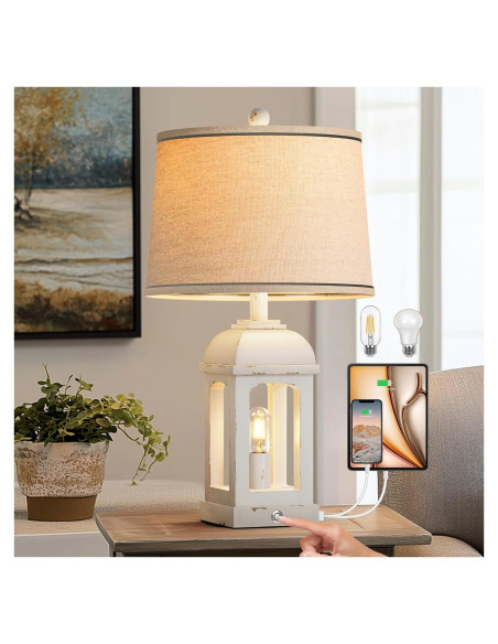 Lámpara de Mesa QiMH 66 cm Blanca Desgastada con USB y Luz Nocturna