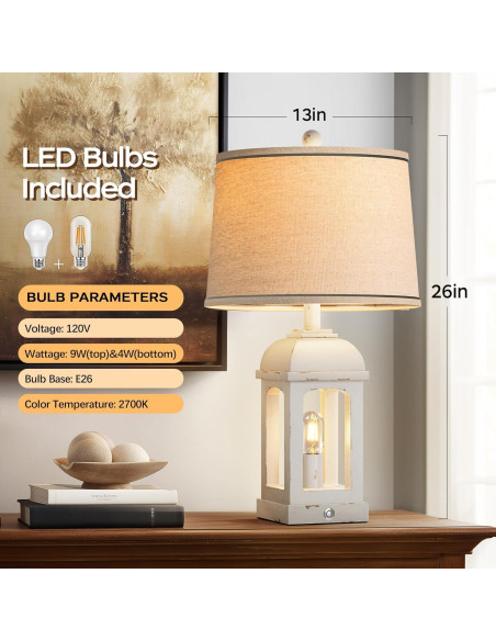 Lámpara de Mesa QiMH 66 cm Blanca Desgastada con USB y Luz Nocturna