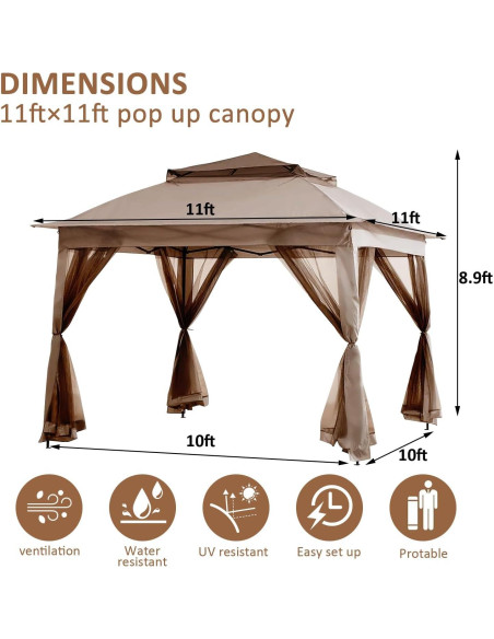 Gazebo Plegable SAILARY 11x11 con Mosquitera para Jardín