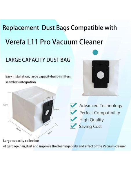 Bolsas de Polvo de Reemplazo Jpbaisqic para Aspiradora Verefa L11 Pro - 9 Piezas