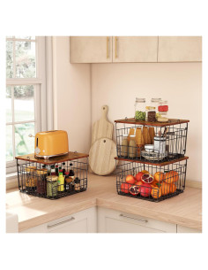 Canasta de Alambre Apilable Delamu 3 Pack con Tapa de Madera