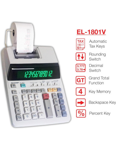 Calculadora de Impresión de Tinta Sharp EL-1801V, Pantalla 12 Dígitos