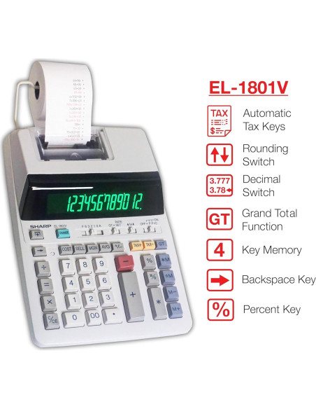 Calculadora de Impresión de Tinta Sharp EL-1801V, Pantalla 12 Dígitos