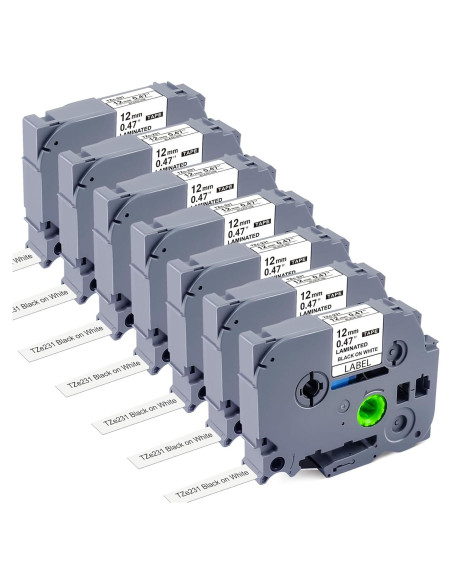 Paquete de 7 Cintas de Etiqueta Esser TZe-231 12mm Negro sobre Blanco