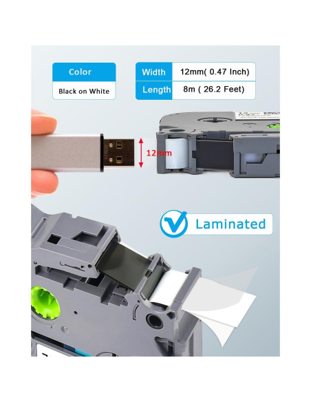 Paquete de 7 Cintas de Etiqueta Esser TZe-231 12mm Negro sobre Blanco