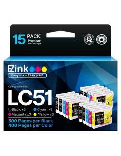 Cartuchos de tinta E-Z Ink LC51 compatibles para Brother - 15 unidades