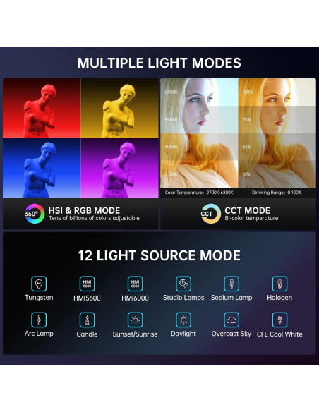 Luz de Estudio LED GVM 60W RGBWW Portátil 2700K-6800K