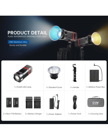 Luz de Estudio LED GVM 60W RGBWW Portátil 2700K-6800K