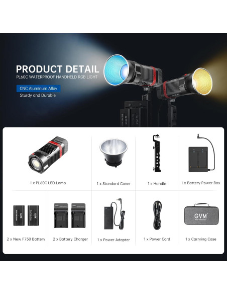 Luz de Estudio LED GVM 60W RGBWW Portátil 2700K-6800K