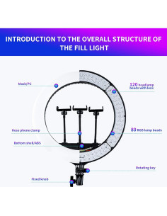 Kit Luz de Anillo LED RGB 18" OVEHEL HQ18 Regulable 3000K-6500K 2