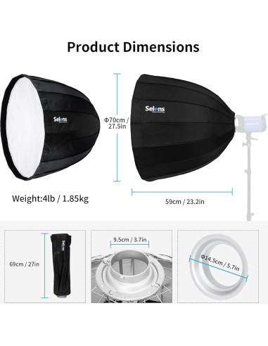 Softbox Parabólico Profundo Selens 70 cm Montura Bowens