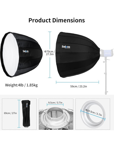 Softbox Parabólico Profundo Selens 70 cm Montura Bowens