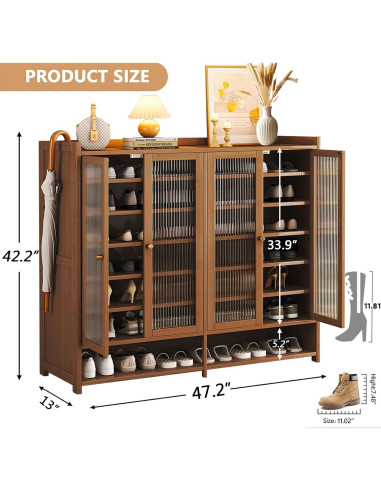 Armario de Zapatos BVOUVOI de Bambú 8 Niveles Marrón