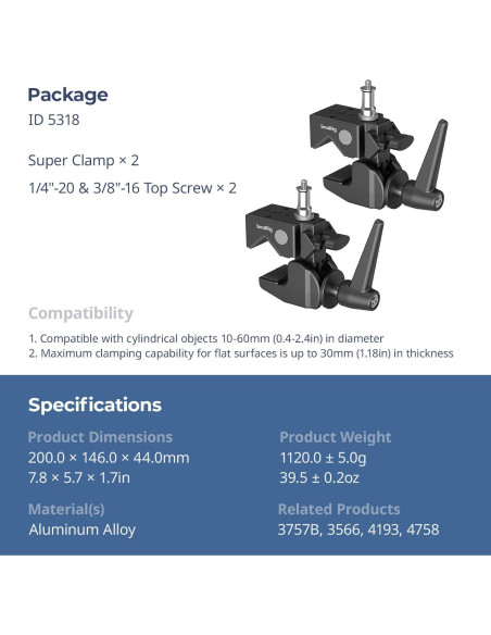 Kit de Super Abrazadera SmallRig 2-Pack 15kg para Estudio