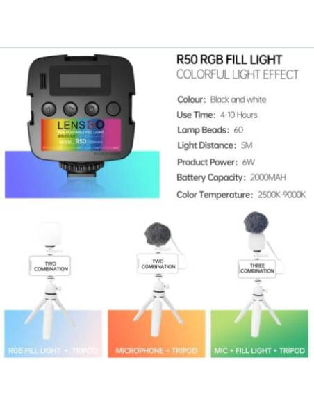 Luz LED Portátil LENSGO R50 RGB 2000mAh 2500-9000K