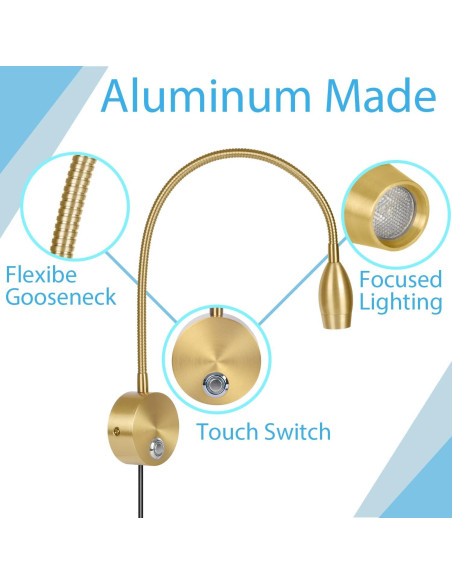 Luz de Lectura LED Adust RL-2 Táctil Regulable 3W Oro