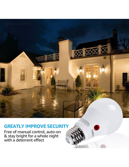 Bombillas LED A19 TORCHSTAR con sensor anochecer a amanecer, 9W, 800lm, 4 unidades