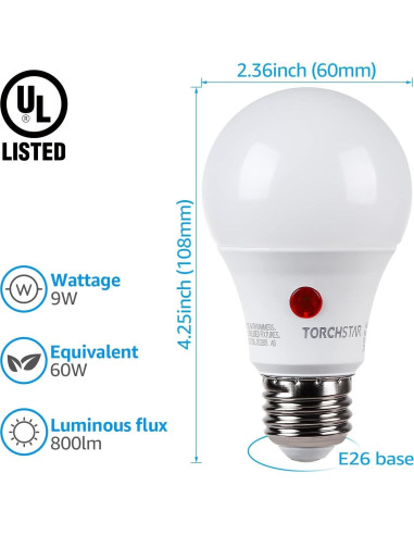Bombillas LED A19 TORCHSTAR con sensor anochecer a amanecer, 9W, 800lm, 4 unidades