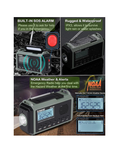 Radio de Emergencia ZHIWHIS ZWS-905 con Alerta NOAA y 10000mAh