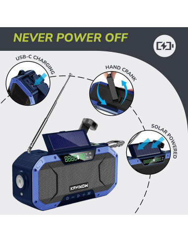 Radio de Manivela Solar Bluetooth NOAA 5000mAh Resistente Agua