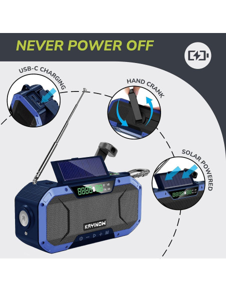 Radio de Manivela Solar Bluetooth NOAA 5000mAh Resistente Agua