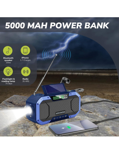Radio de Manivela Solar Bluetooth NOAA 5000mAh Resistente Agua