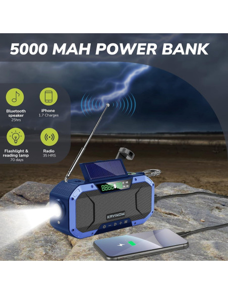 Radio de Manivela Solar Bluetooth NOAA 5000mAh Resistente Agua