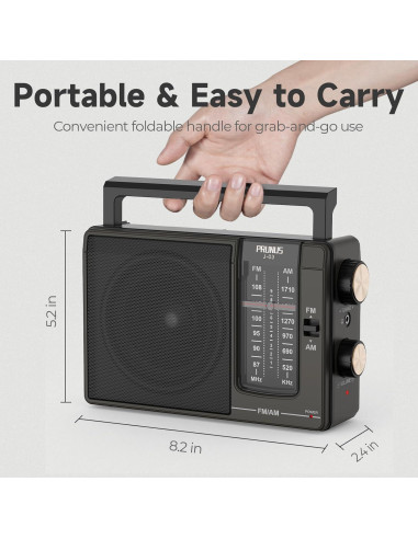 Radio Portátil AM FM PRUNUS J-03 con Baterías AA y Conexión AC