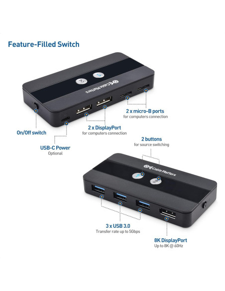 Interruptor KVM USB 3.0 DisplayPort 1.4 Cable Matters 8K 60Hz