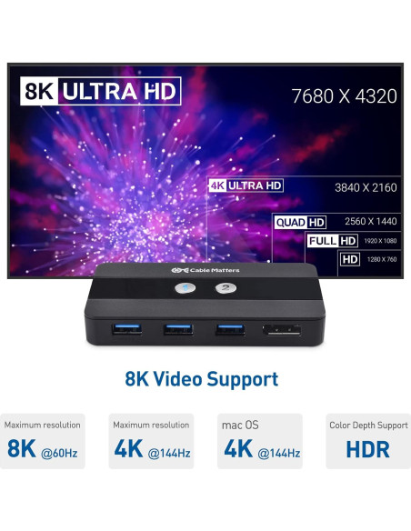 Interruptor KVM USB 3.0 DisplayPort 1.4 Cable Matters 8K 60Hz