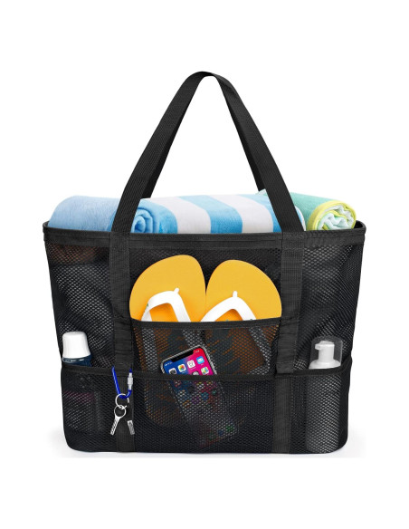 Bolsa de Playa de Malla KPX Negra, Impermeable y a Prueba de Arena