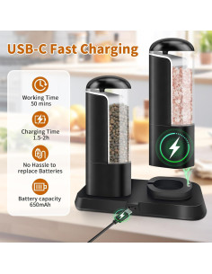 Molino Eléctrico de Sal y Pimienta AmaCielo, Recargable USB, Negro 2