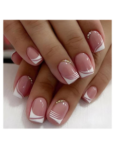 24 Uñas Acrílicas Postizas ASONRL Francesas Cuadradas Rosa