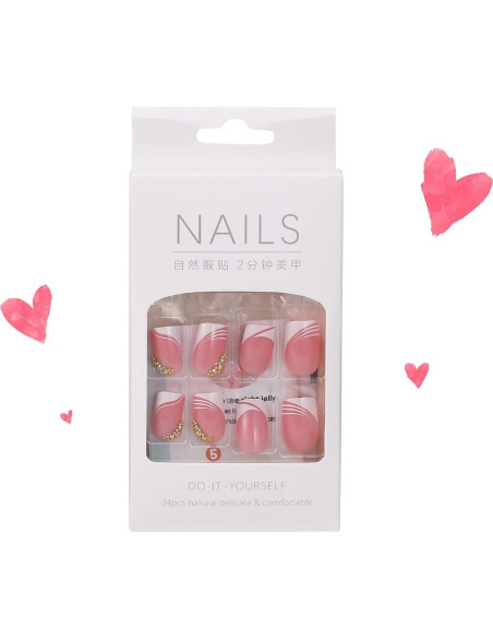 24 Uñas Acrílicas Postizas ASONRL Francesas Cuadradas Rosa