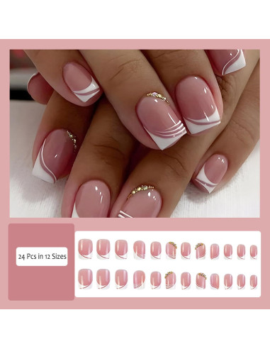 24 Uñas Acrílicas Postizas ASONRL Francesas Cuadradas Rosa