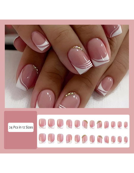 24 Uñas Acrílicas Postizas ASONRL Francesas Cuadradas Rosa