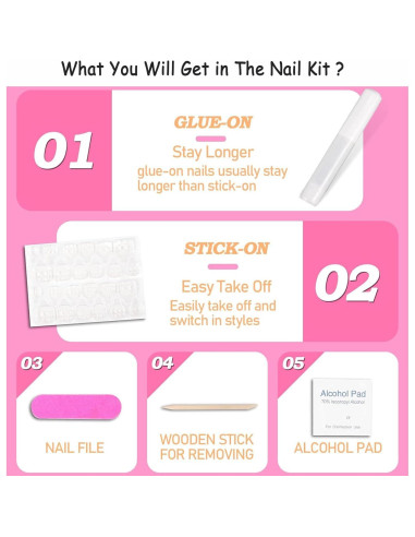 24 Uñas Acrílicas Postizas ASONRL Francesas Cuadradas Rosa