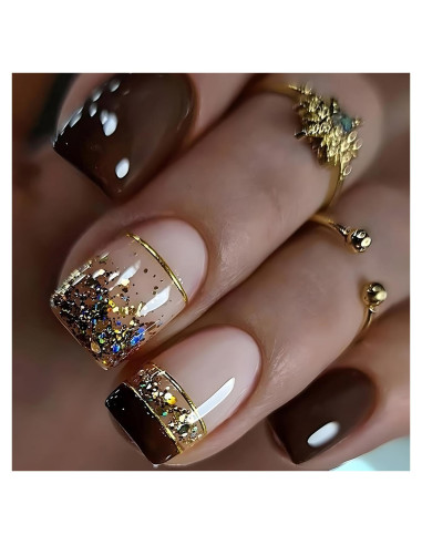 Uñas Postizas Cortas Francesas Marrón con Diseño de Oro - 24 Piezas